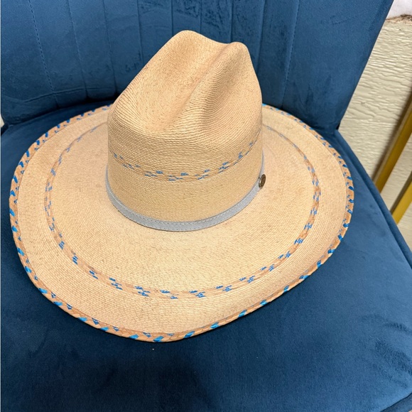 Alamo Hats Structured Wide Brim Straw Dress Hat Blue Woven Trim 7.5 x 6 - Picture 2 of 4